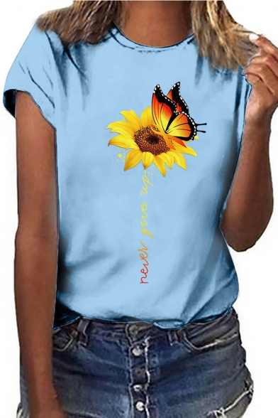 Butterfly Sunflower Pattern Round Neck Short Sleeve Loose Relaxed T-Shirt