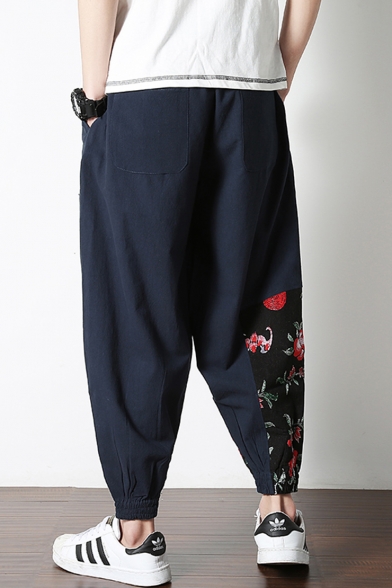 Chinese Style New Fashion Floral Embroidery Drawstring Waist Casual Loose Linen Carrot Pants