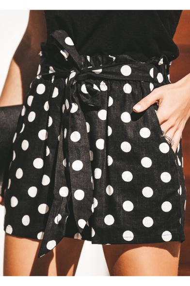 Classic Fashion Black Polka Dot Print Tied Waist High Rise Loose Fit Culottes Shorts
