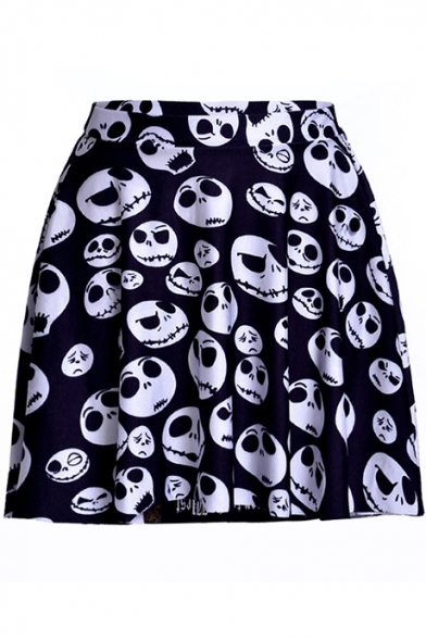 Cool Allover Skull Printed Black and White Mini A-Line Skater Skirt