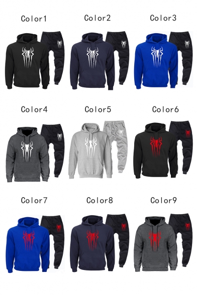 Cool Simple Spider Logo Printed Long Sleeve Hoodie with Loose Casual Jogger Pants Sport Two-Piece Set