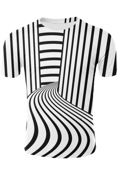 Cool Unique Irregular Striped Pattern Basic Round Neck Short Sleeve Black and White T-Shirt