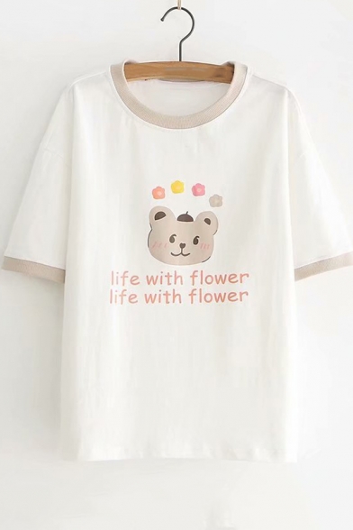 Cute Cartoon Bear Letter LIFE WITH FLOWER Pattern Round Neck Short Sleeve Casual Tee