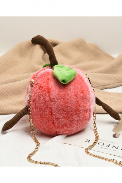 Cute Cartoon Peach Shape Watermelon Red Plush Crossbody Bag with Chain Strap 22*29*10 CM