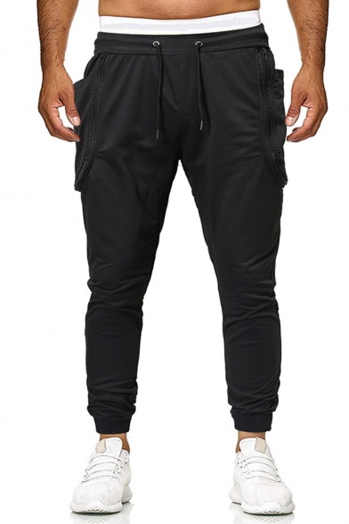 Designer Fashion Solid Color Zipper Embellished Drawstring Waist Casual Sports Sweatpants with Side Pockets for Men