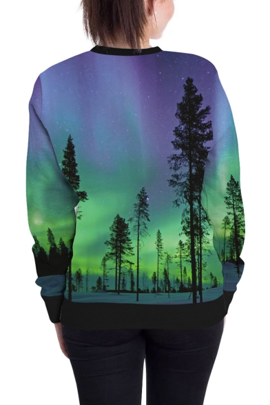 Fashion Green and Purple Galaxy Tree 3D Print Crew Neck Long Sleeve Pullover Sweatshirt