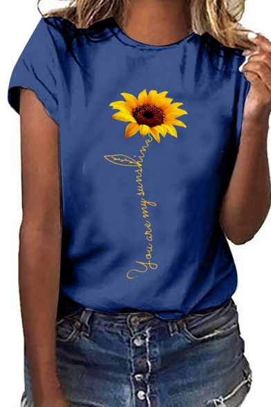 Fashion Summer Simple Sunflower Print Round Neck Short Sleeve Casual Tee
