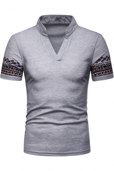 Fashion Tribal Print Short Sleeve V-Neck Stand Collar Mens Fitted Polo
