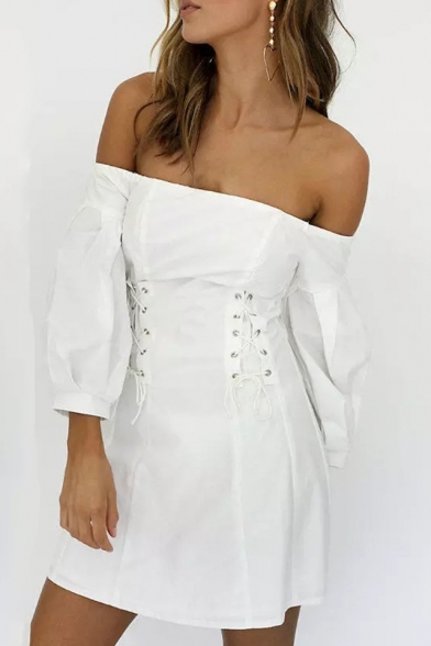 white off the shoulder lace up dress