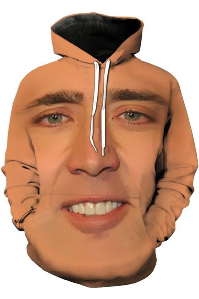 Funny 3D Figure Face Printed Long Sleeve Khaki Casual Drawstring Hoodie