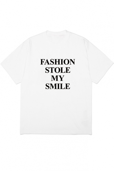 Funny Street Letter FASHION STOLE MY SMILE Print Cotton Loose Tee