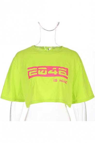 Girls Cool Letter 2046 IS MINE Print Summer Green Short Sleeve Crop T-Shirt