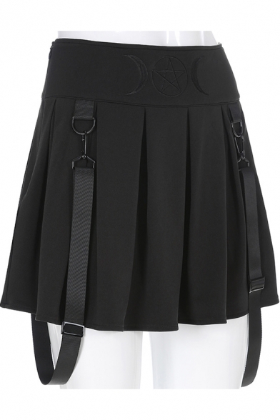 Girls Summer Punk Style Chic Sun and Moon Embroidery Ribbon Detail Black Mini Pleated Skirt