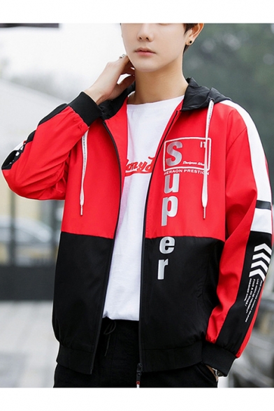 Guys Cool Simple Letter SUPER Print Color Block Long Sleeve Casual Loose Zip Up Hooded Jacket Coat