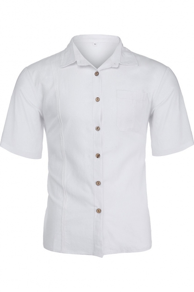 Guys Hot Popular Plain Short Sleeve One Pocket Loose Fit Linen Shirt