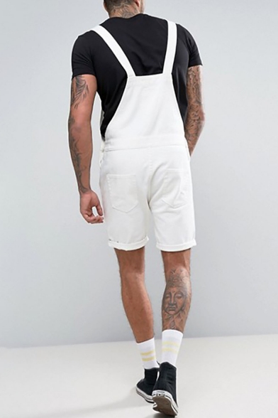 Guys New Stylish Simple Plain White Denim Rompers Shorts Bib Overalls