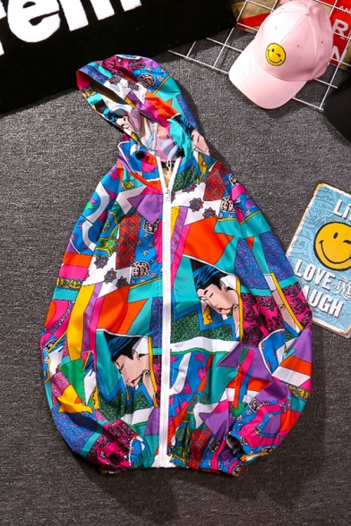 Guys Summer Cool Street Fashion Cartoon Colorful Print Zip Front Hooded Sun Protection Lightweight Jacket