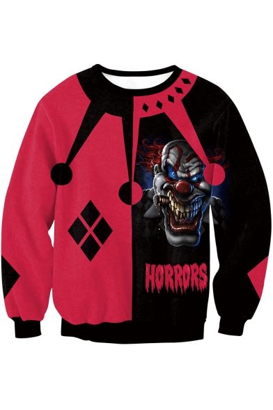 Halloween Horrors Clown Print Round Neck Long Sleeve Black and Red Sweatshirt