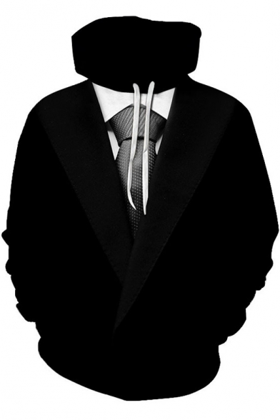 Hot Popular Black 3D Fake Tie Blazer Print Long Sleeve Pullover Hoodie