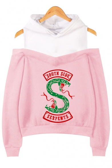 Hot Popular Fashion South Side Snake Logo Print Cold Shoulder Long Sleeve Pullover Hoodie