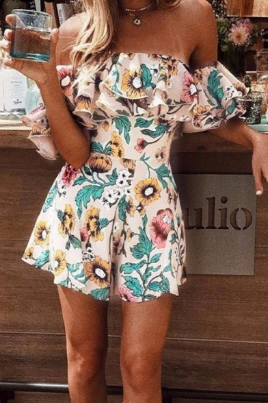 Summer White Floral Print Strapless Ruffle Trim Sleeves Beach Rompers