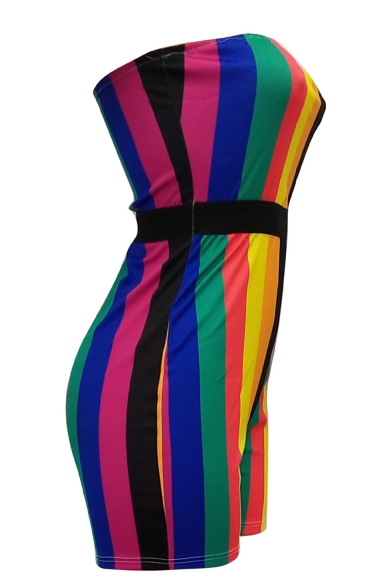 Hot Sexy Stylish Rainbow Striped Sleeveless Elastic Waist Skinny Fit Bandeau Rompers