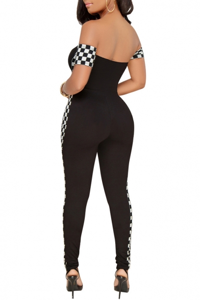 Hot Stylish Womens Strapless Check Sleeve Side Print Skinny Jumpsuits