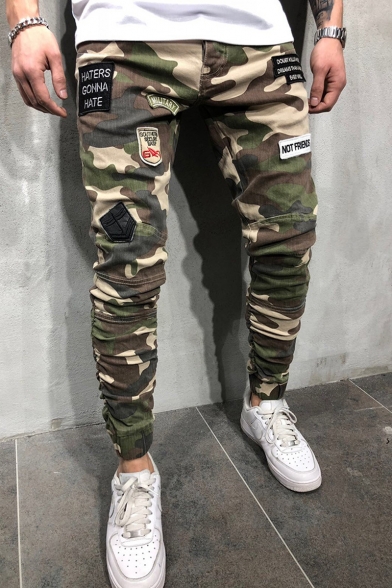 Men's Cool Fashion Camouflage Print Letter Badge Patchwork Army Green Denim Pencil Pants