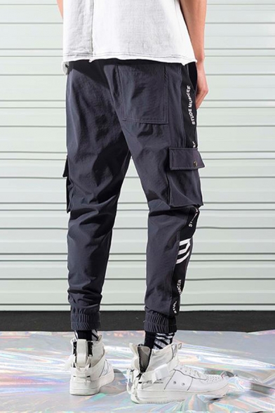 Men's Fashion Diagonal Stripes Letter Print Drawstring Waist Elastic Cuff Cargo Pants