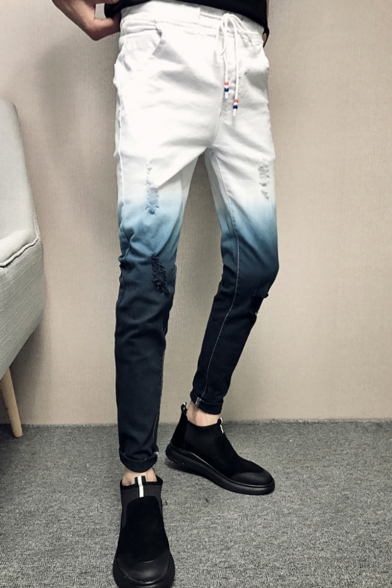 Men's New Fashion Colorblock Ombre Printed Drawstring Waist Slim Fit White Jeans