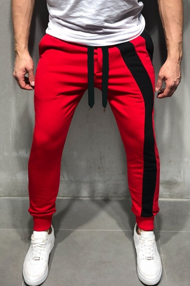 Men's New Fashion Colorblock Stripe Patched Drawstring Waist Casual Pencil Pants