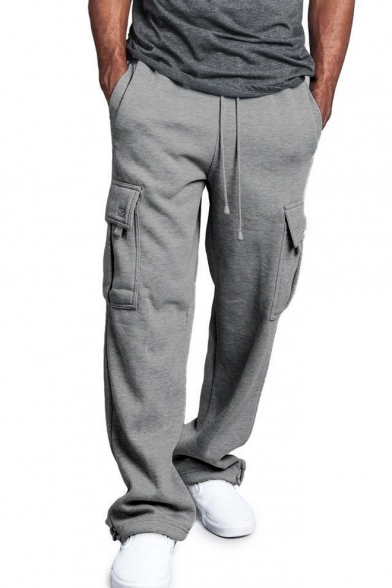 Men's New Fashion Large Flap Pocket Side Simple Plain Drawstring Waist Casual Loose Cotton Sweatpants