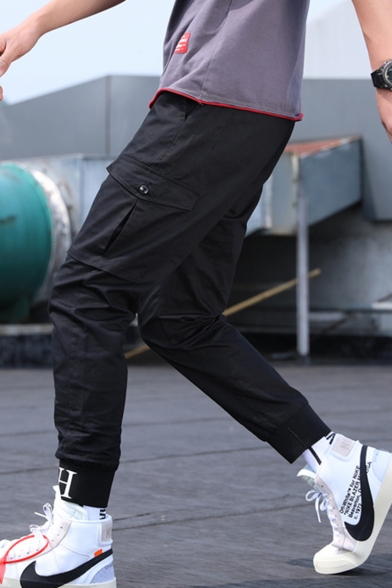 Men's New Fashion Letter H Printed Elastic Cuffs Casual Loose Cotton Cargo Pants with Side Pockets