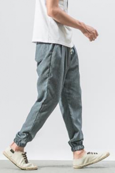 Men's New Fashion Simple Plain Drawstring Waist Elastic Cuffs Loose Linen Tapered Pants