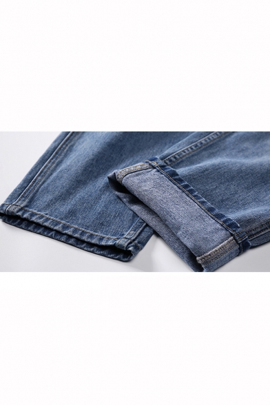 Men's New Fashion Simple Plain Large Pocket Patched Blue Loose Fit Casual Straight Jeans
