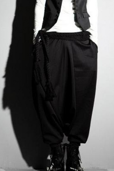 Men's New Fashion Solid Color Black Loose Fit Drop-Crotch Culottes Harem Pants
