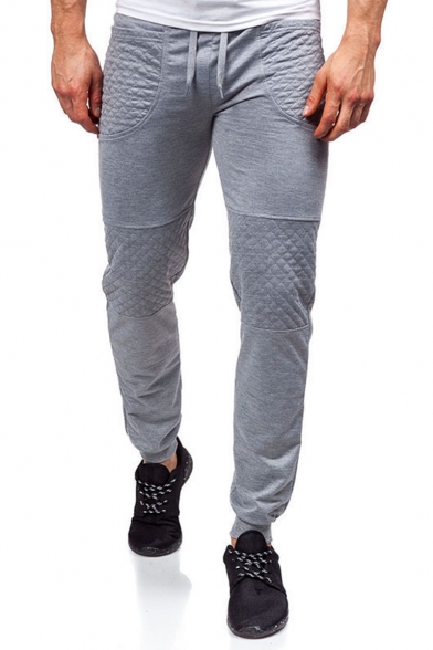 Men's New Fashion Solid Color Rhombus Stitching Drawstring Waist Casual Sweat Pants