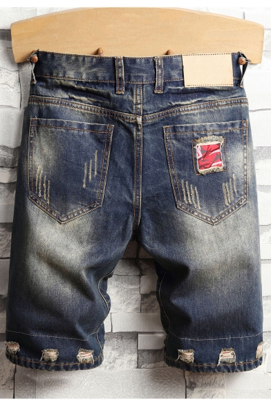 Men's New Fashion Vintage Washed Destroyed Ripped Personality Patch Slim Fit Blue Denim Shorts