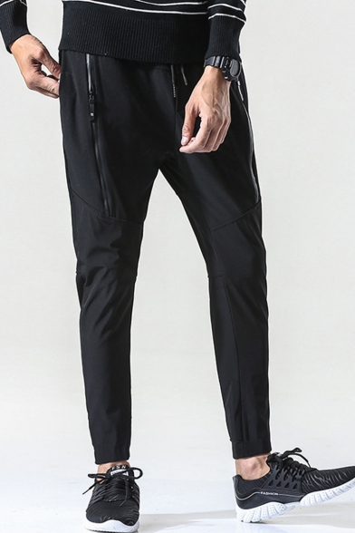 Men's New Stylish Zip Embellished Simple Plain Black Casual Sweatpants