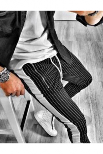 Men's Popular Fashion Pinstripe Printed Drawstring Waist Slim Fit Cotton Pencil Pants