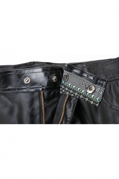 Men's Popular Fashion Solid Color Zip Embellished Black PU Leather Biker Pants Night Club Pants