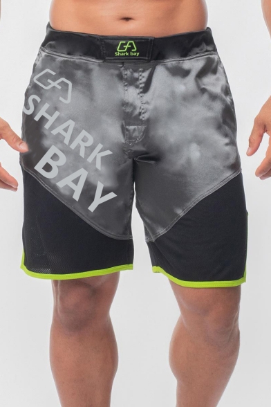 Men's Stylish Letter SHARK BAY Printed Mesh Patched Contrast Trim Sport Athletic Shorts