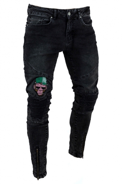Men's Stylish Monkey Embroidery Patched Pleated Ripped Detail Zip Vent Black Skinny Jeans