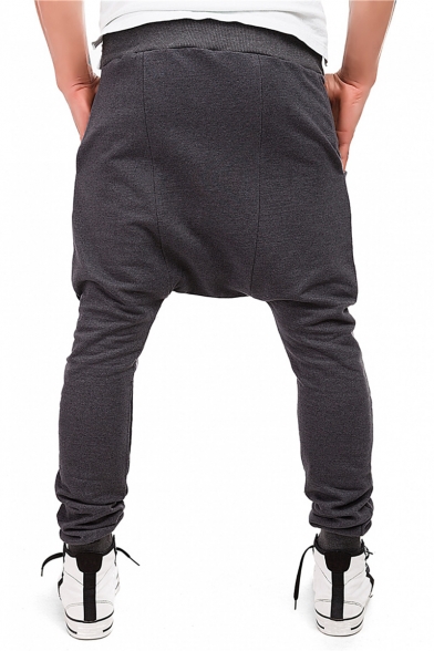 Men's Stylish Solid Color Zipper Embellishment Drop-Crotch Drawstring Waist Joggers Harem Pants