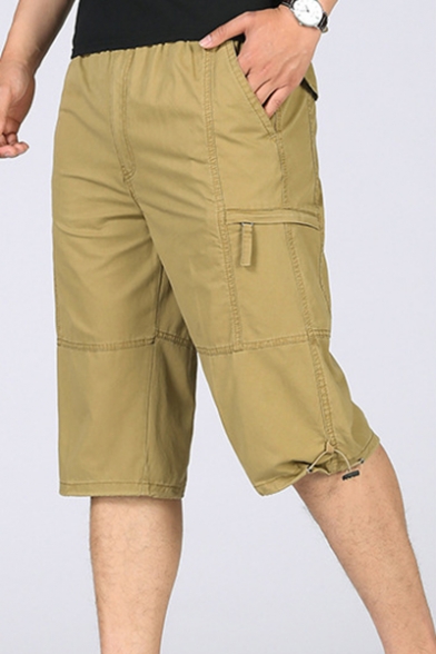 Men's Summer Fashion Simple Plain Zipped Pocket Side Drawstring Waist Casual Cotton Cargo Shorts
