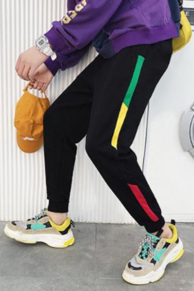 Men's Trendy Colorblock Patched Side Logo Printed Black Casual Sweatpants