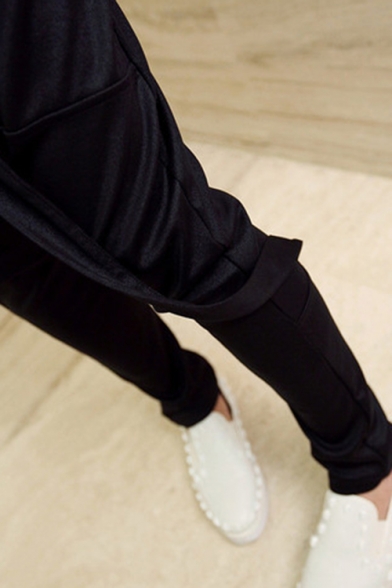 Men's Trendy Simple Plain Rivet Embellished Black Low Crotch Harem Pants