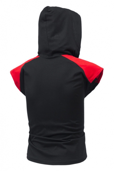 Mens Cool Skull Mask Hooded Colorblocked Short Sleeve Black Fitted T-Shirt