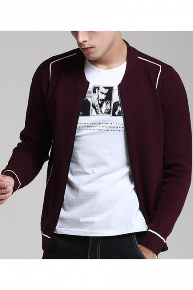 Mens Fashion Contrast Piping Long Sleeve Open Front Fitted Plum Cardigan