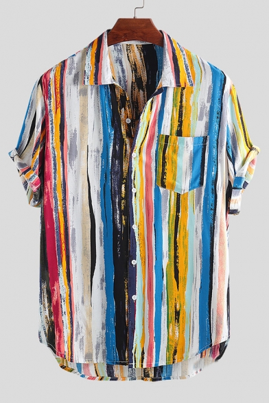 Mens Hot Fashion Rainbow Striped Printed Short Sleeve Button Front Casual Cotton and Linen Shirt